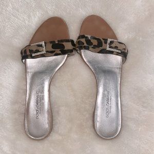 Dolce Gabbana Leopard Strap Rhinestone Buckle Flat Slide On Sandal